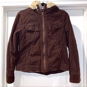 Brown Corduroy Zip up Jacket w Faux fur Hoodie